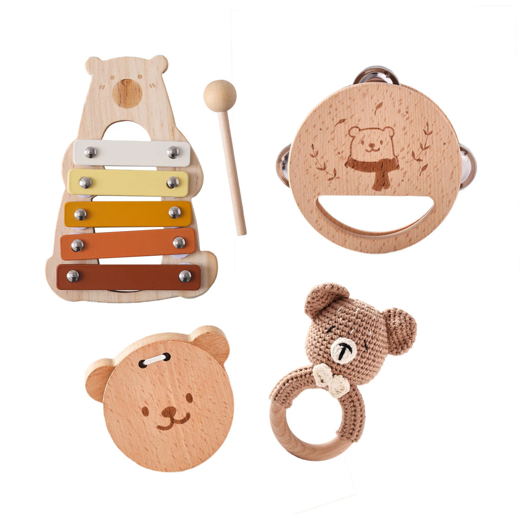 5-Piece Montessori Baby Music Set – Wooden Bear Xylophone Educational Instrument Toys