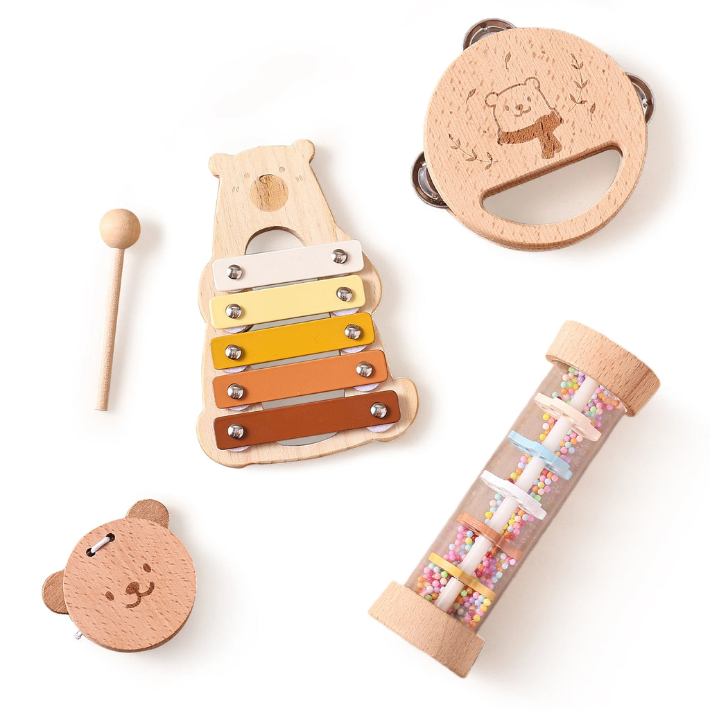 5-Piece Montessori Baby Music Set – Wooden Bear Xylophone Educational Instrument Toys