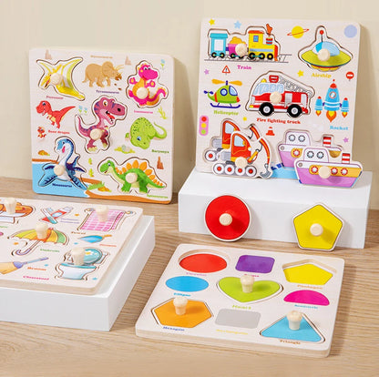 Wooden Puzzle Montessori Toys for Kids Cartoon Animal Traffic Hand Grab Boards Early Learning Educational Toys for Children