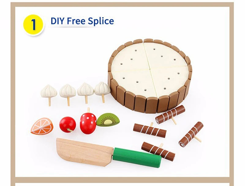 Wooden Kitchen Play Set – Pretend Cutting Cake & Fruit Cooking Toys for Kids