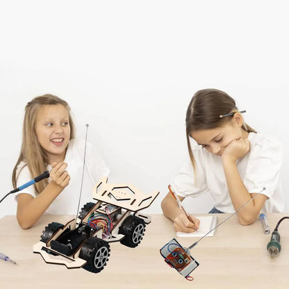 Kids Remote Control Electric Wooden Racing Toys Technology Innovation DIY Hand-assembled Electric Wireless Four-wheel Drive Toys