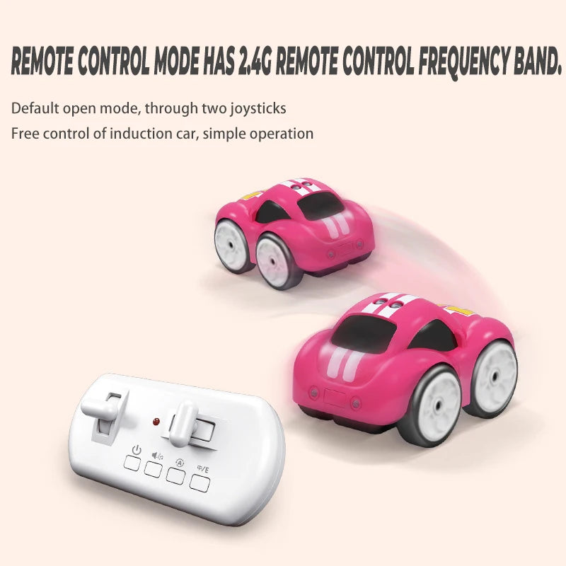 Children's Cartoon Remote Control Car with Music & Lighting Smart Induction Obstacle Avoidance RC Toy Vehicle for Kids