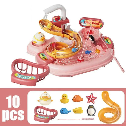 2-in-1 Dishwashing Basin – Kids Pretend Kitchen & Slide Fishing Montessori Toy