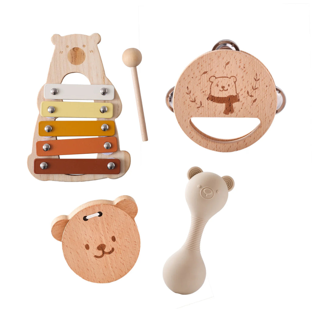 5-Piece Montessori Baby Music Set – Wooden Bear Xylophone Educational Instrument Toys