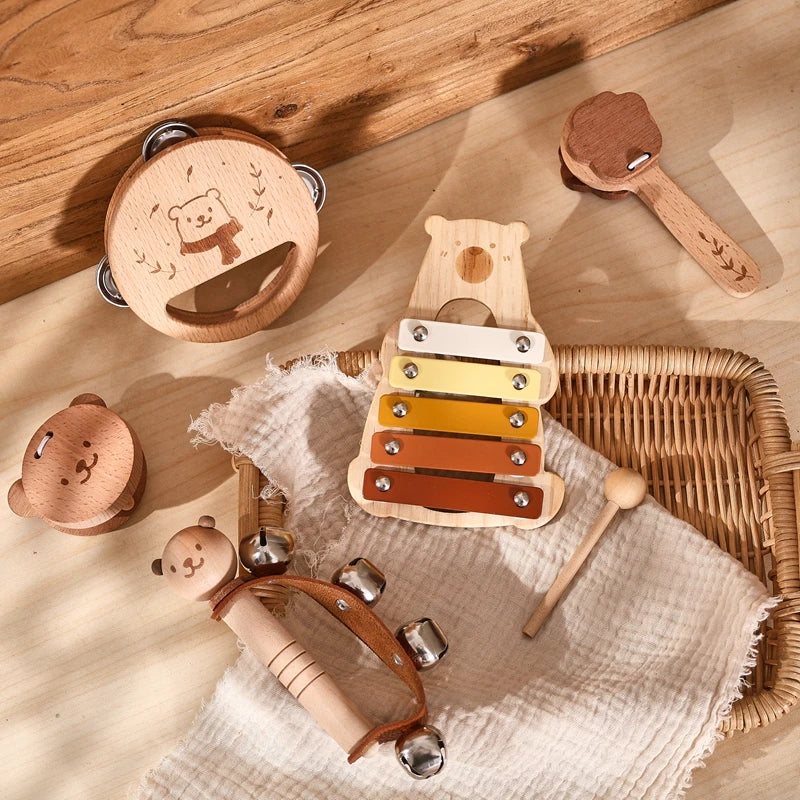 5-Piece Montessori Baby Music Set – Wooden Bear Xylophone Educational Instrument Toys