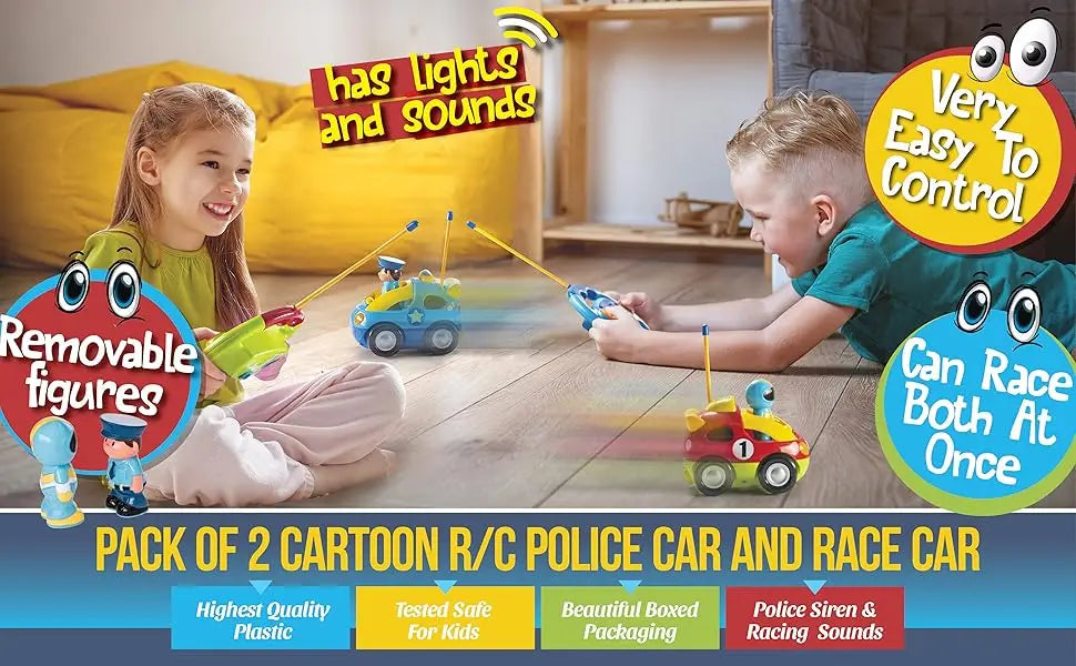 Cartoon Remote Control Cars - Police Car and Race Car for Toddlers - RC Cars for Kids - Easy Remote Control Toy, Christmas Gifts