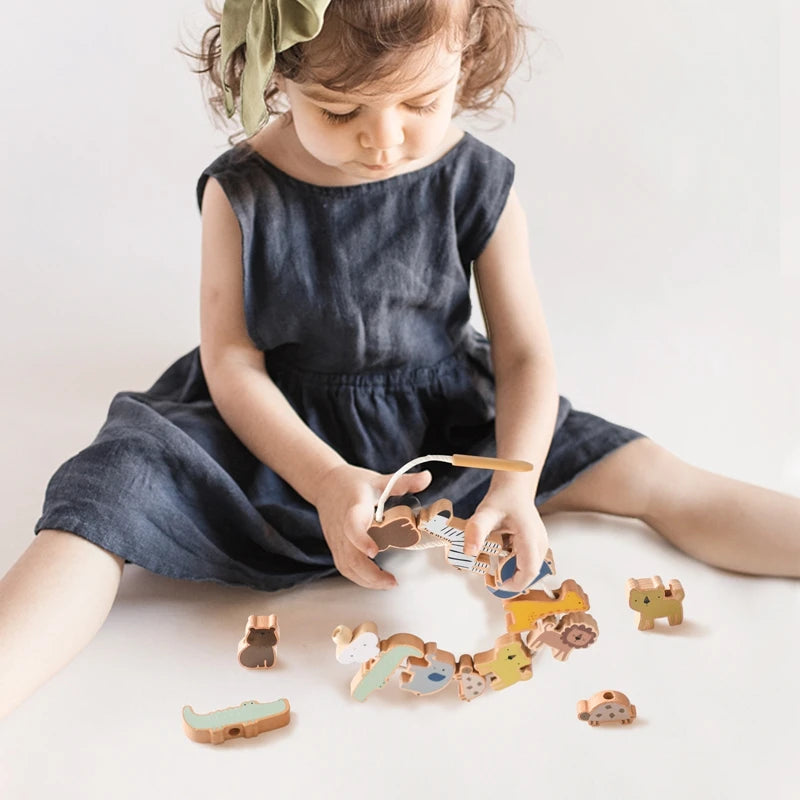 Baby Animal Threading Toy – Wooden Stacking Beads & Stringing Blocks Game Gift