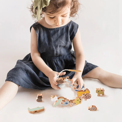 Baby Animal Threading Toy – Wooden Stacking Beads & Stringing Blocks Game Gift