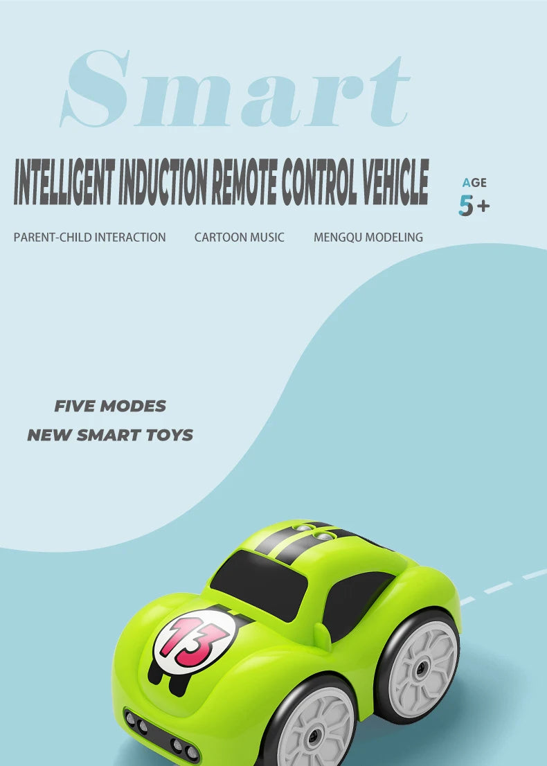 Children's Cartoon Remote Control Car with Music & Lighting Smart Induction Obstacle Avoidance RC Toy Vehicle for Kids
