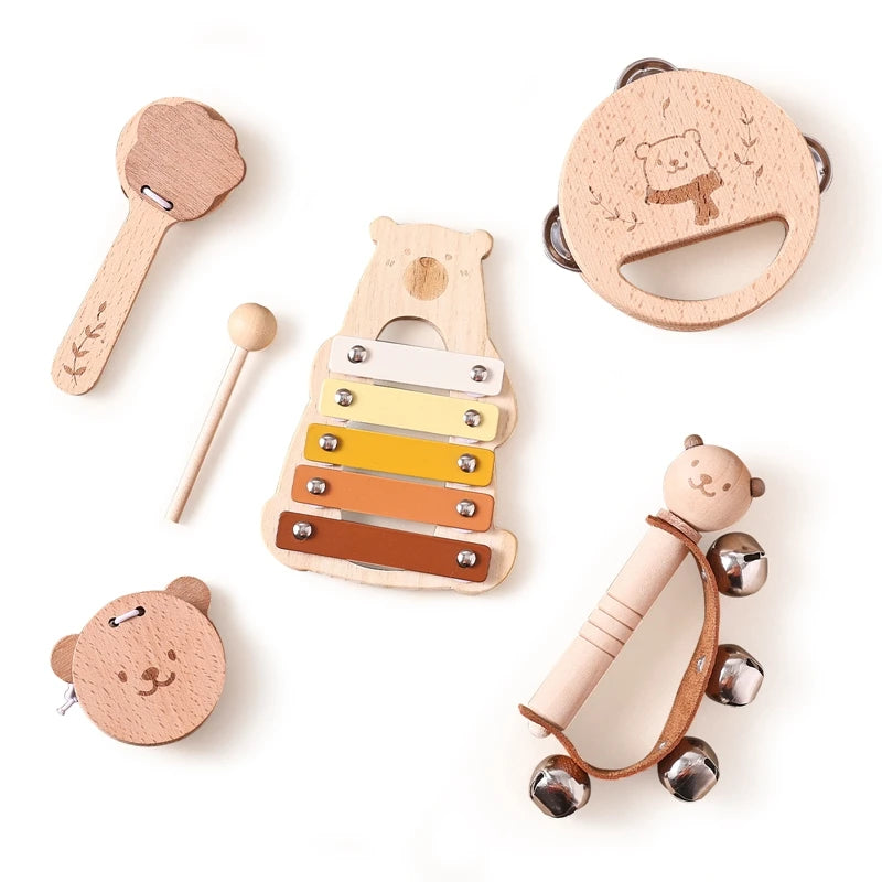 5-Piece Montessori Baby Music Set – Wooden Bear Xylophone Educational Instrument Toys