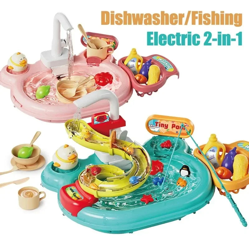 2-in-1 Dishwashing Basin – Kids Pretend Kitchen & Slide Fishing Montessori Toy