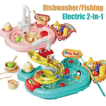 2-in-1 Dishwashing Basin – Kids Pretend Kitchen & Slide Fishing Montessori Toy