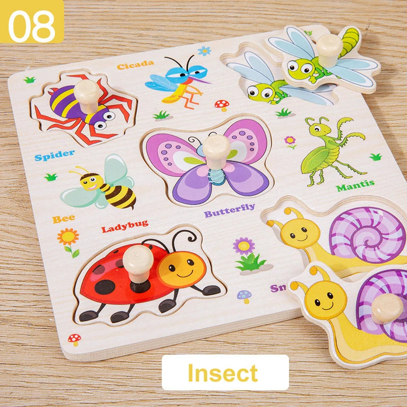 Wooden Puzzle Montessori Toys for Kids Cartoon Animal Traffic Hand Grab Boards Early Learning Educational Toys for Children