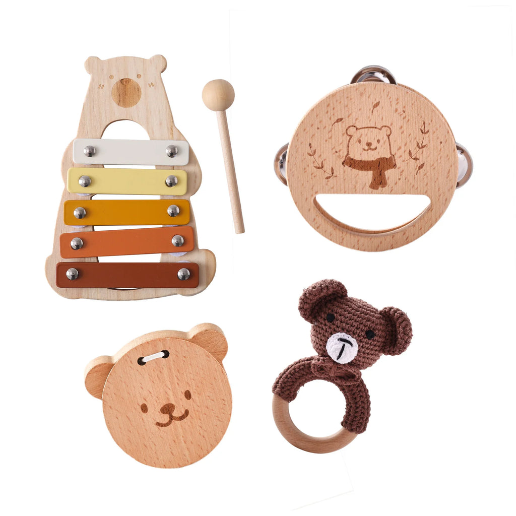 5-Piece Montessori Baby Music Set – Wooden Bear Xylophone Educational Instrument Toys