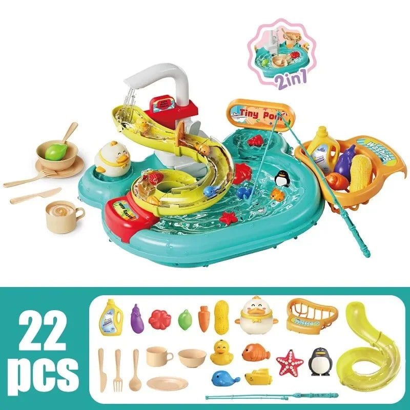 2-in-1 Dishwashing Basin – Kids Pretend Kitchen & Slide Fishing Montessori Toy