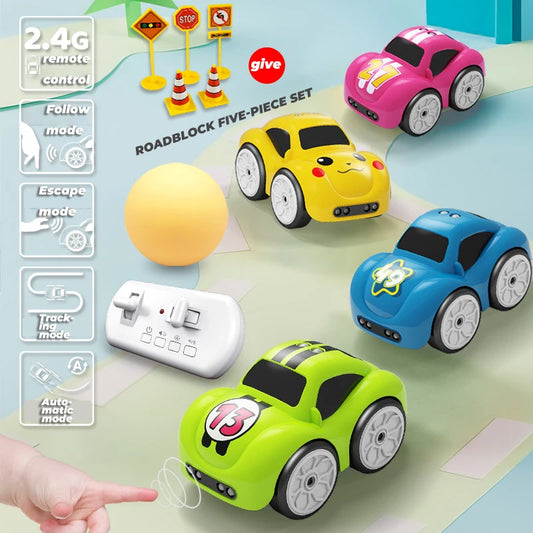 Children's Cartoon Remote Control Car with Music & Lighting Smart Induction Obstacle Avoidance RC Toy Vehicle for Kids