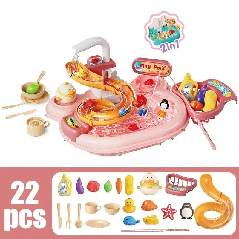 2-in-1 Dishwashing Basin – Kids Pretend Kitchen & Slide Fishing Montessori Toy