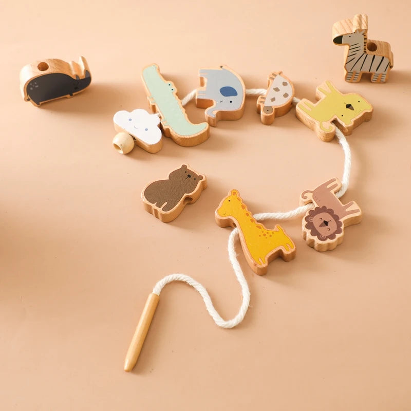Baby Animal Threading Toy – Wooden Stacking Beads & Stringing Blocks Game Gift
