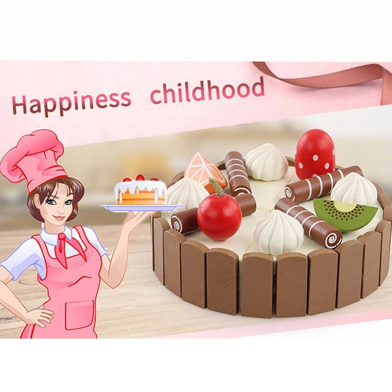 Wooden Kitchen Play Set – Pretend Cutting Cake & Fruit Cooking Toys for Kids