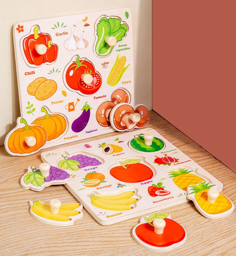 Wooden Puzzle Montessori Toys for Kids Cartoon Animal Traffic Hand Grab Boards Early Learning Educational Toys for Children