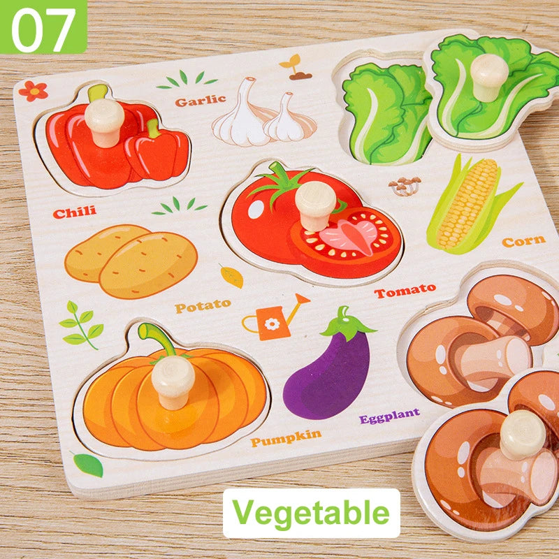 Wooden Puzzle Montessori Toys for Kids Cartoon Animal Traffic Hand Grab Boards Early Learning Educational Toys for Children