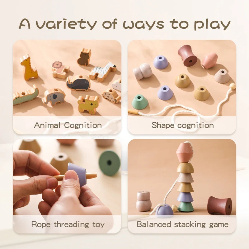 Baby Animal Threading Toy – Wooden Stacking Beads & Stringing Blocks Game Gift