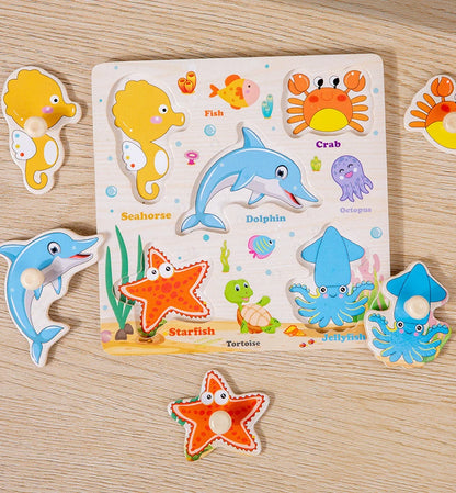 Wooden Puzzle Montessori Toys for Kids Cartoon Animal Traffic Hand Grab Boards Early Learning Educational Toys for Children