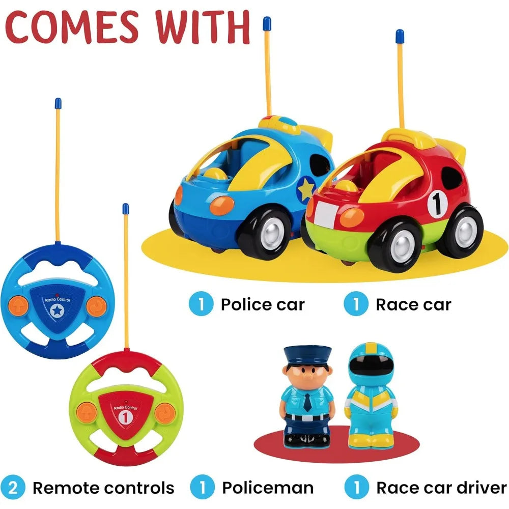 Cartoon Remote Control Cars - Police Car and Race Car for Toddlers - RC Cars for Kids - Easy Remote Control Toy, Christmas Gifts