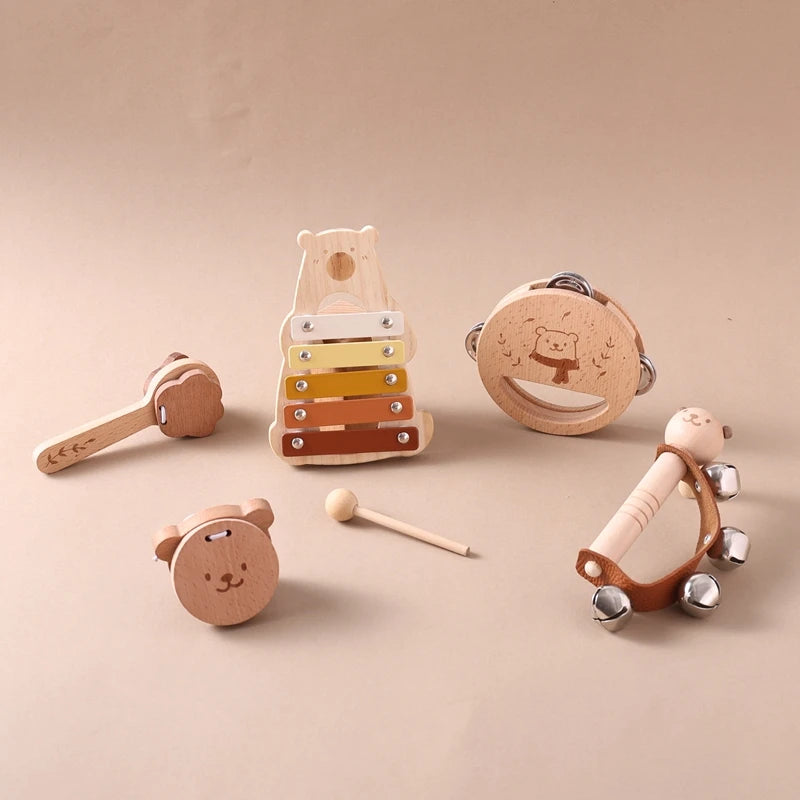 5-Piece Montessori Baby Music Set – Wooden Bear Xylophone Educational Instrument Toys
