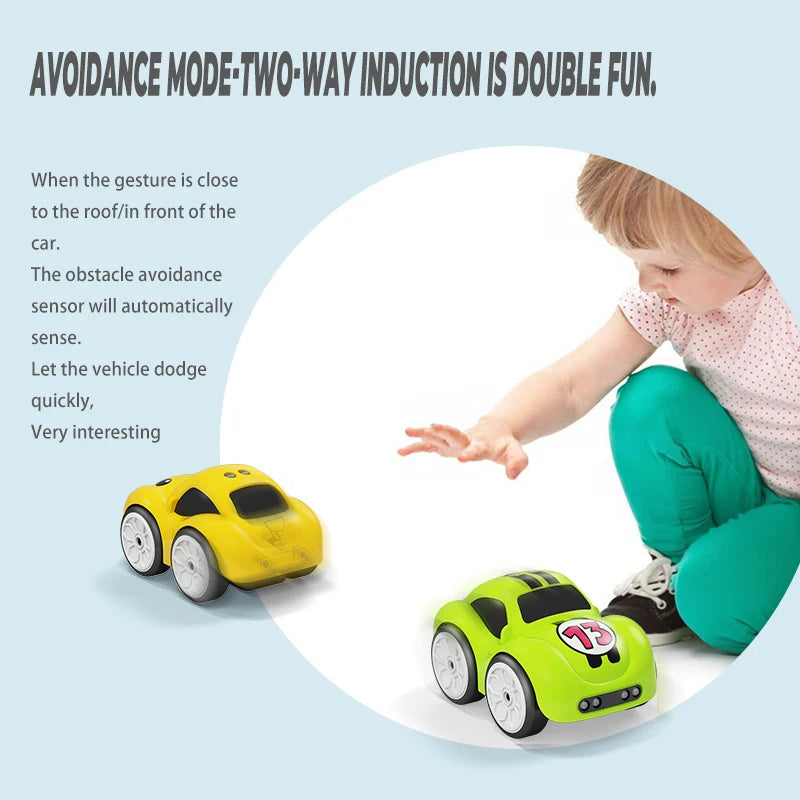 Children's Cartoon Remote Control Car with Music & Lighting Smart Induction Obstacle Avoidance RC Toy Vehicle for Kids