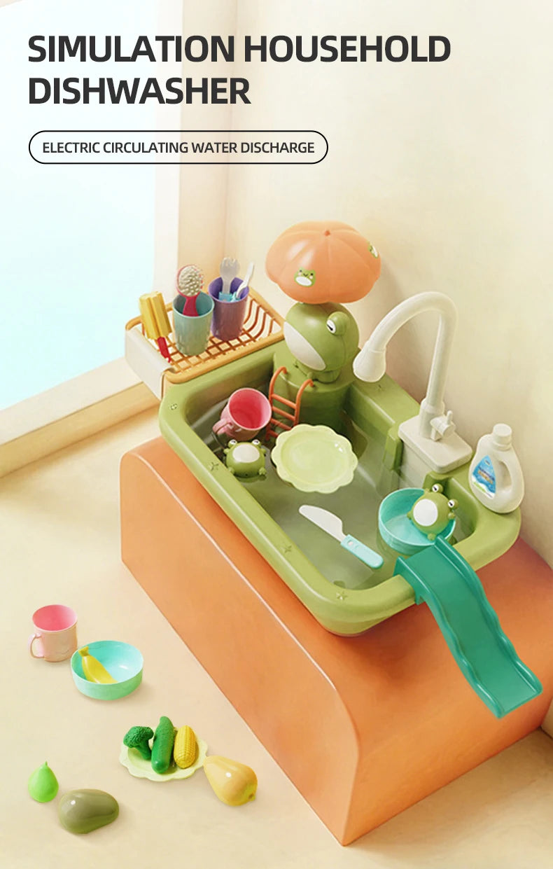 Electric Kitchen Sink Toys for Boys Girl Simulated Faucet Dishwasher Pretend Play Kitchen Set Food Vegetable Role Play Kid Gifts
