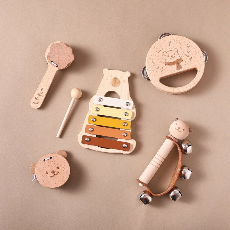 5-Piece Montessori Baby Music Set – Wooden Bear Xylophone Educational Instrument Toys