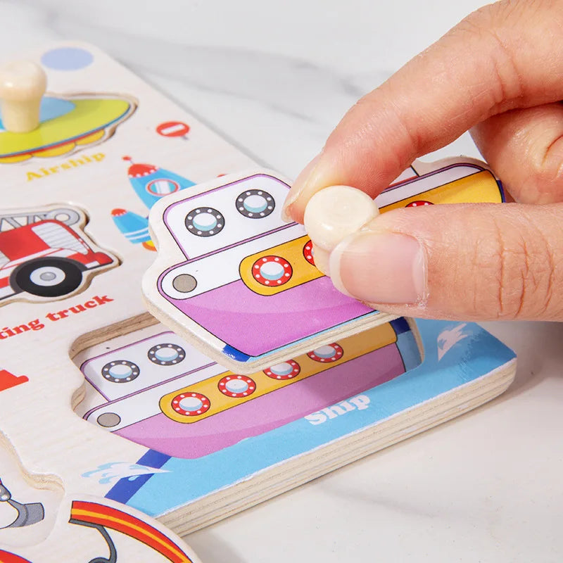 Wooden Puzzle Montessori Toys for Kids Cartoon Animal Traffic Hand Grab Boards Early Learning Educational Toys for Children