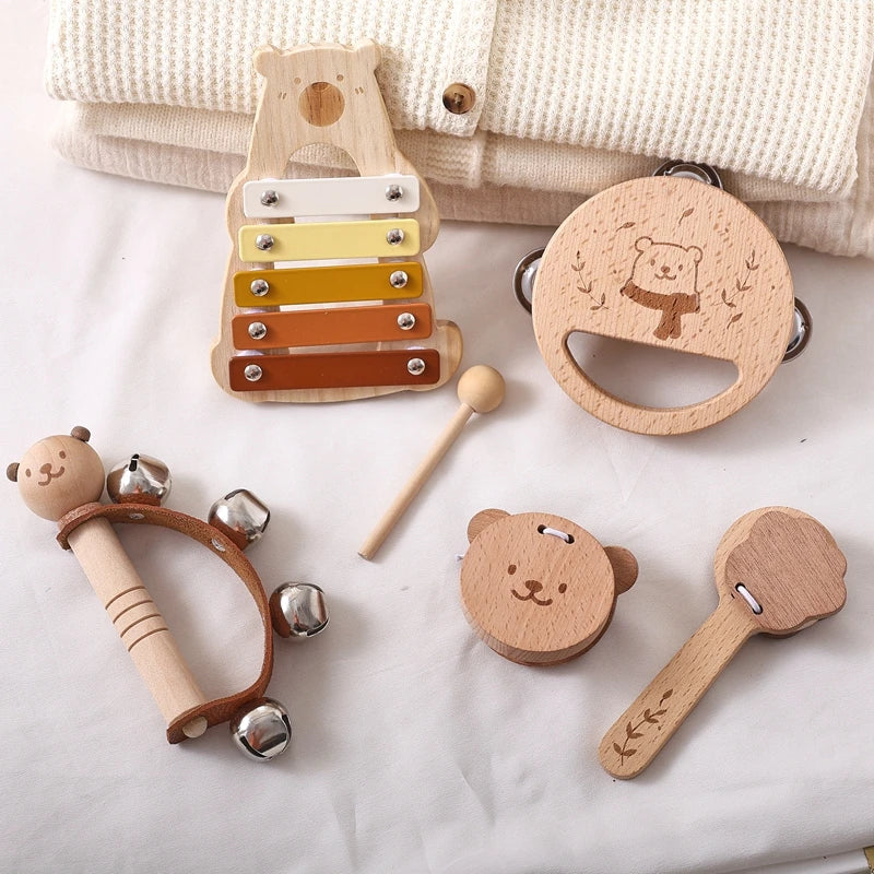 5-Piece Montessori Baby Music Set – Wooden Bear Xylophone Educational Instrument Toys