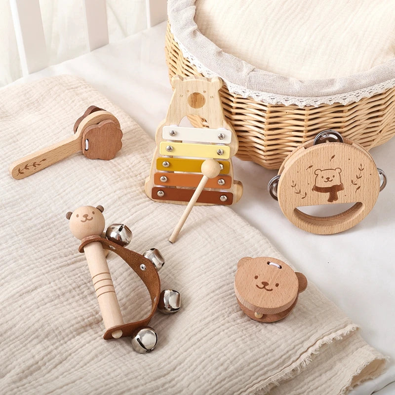 5-Piece Montessori Baby Music Set – Wooden Bear Xylophone Educational Instrument Toys