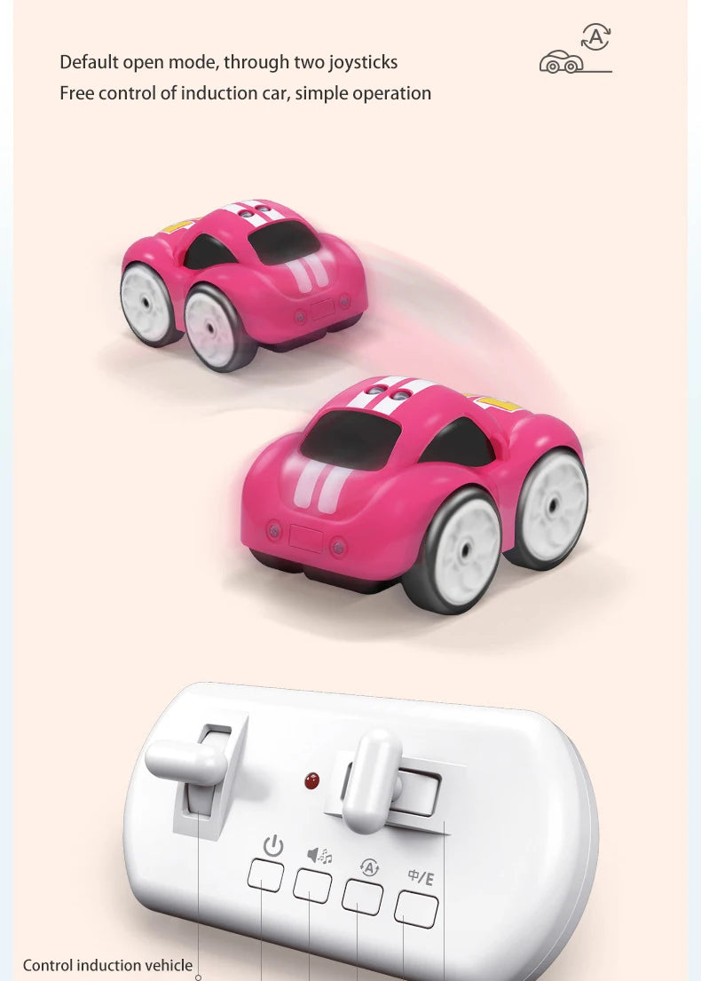 Children's Cartoon Remote Control Car with Music & Lighting Smart Induction Obstacle Avoidance RC Toy Vehicle for Kids
