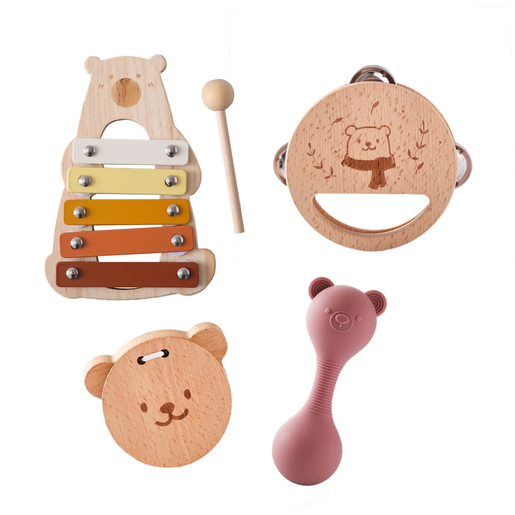 5-Piece Montessori Baby Music Set – Wooden Bear Xylophone Educational Instrument Toys
