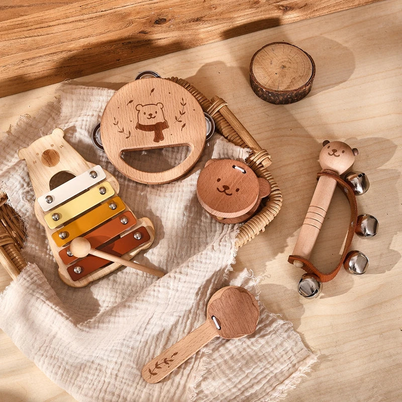 5-Piece Montessori Baby Music Set – Wooden Bear Xylophone Educational Instrument Toys