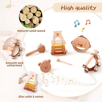 5-Piece Montessori Baby Music Set – Wooden Bear Xylophone Educational Instrument Toys