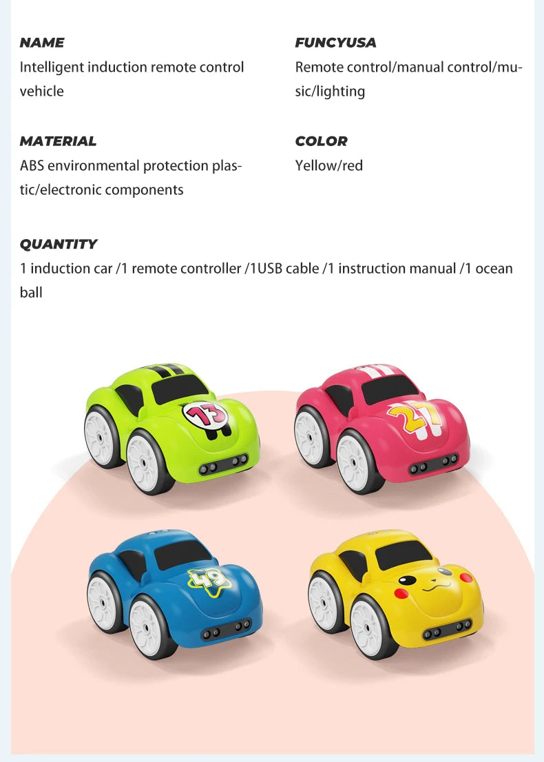 Children's Cartoon Remote Control Car with Music & Lighting Smart Induction Obstacle Avoidance RC Toy Vehicle for Kids