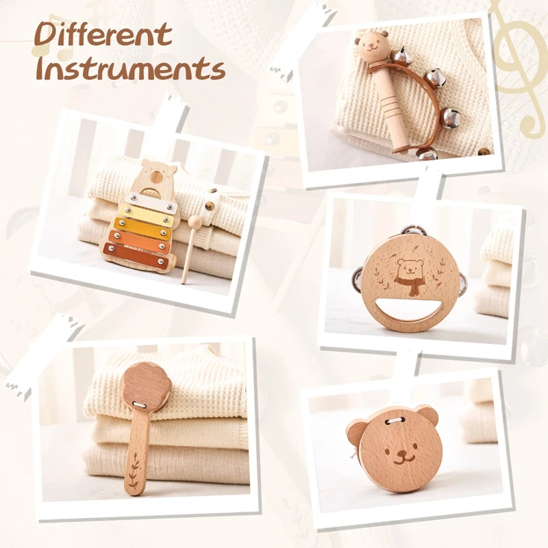 5-Piece Montessori Baby Music Set – Wooden Bear Xylophone Educational Instrument Toys