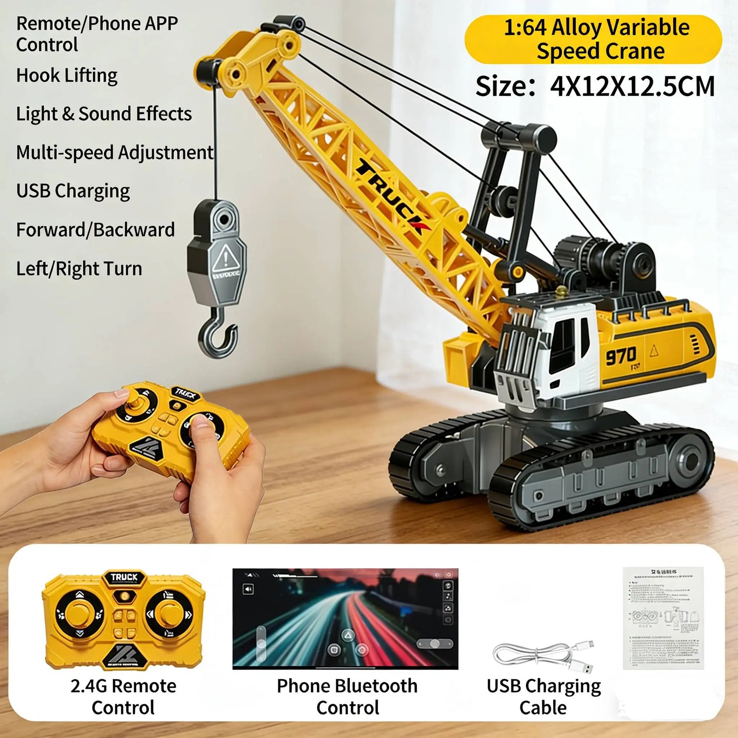 1/64 Mini Desktop RC Car Toy Remote Control Engineering Crane with Sound and Light Toys, Suitable for Boys and Children as Gifts