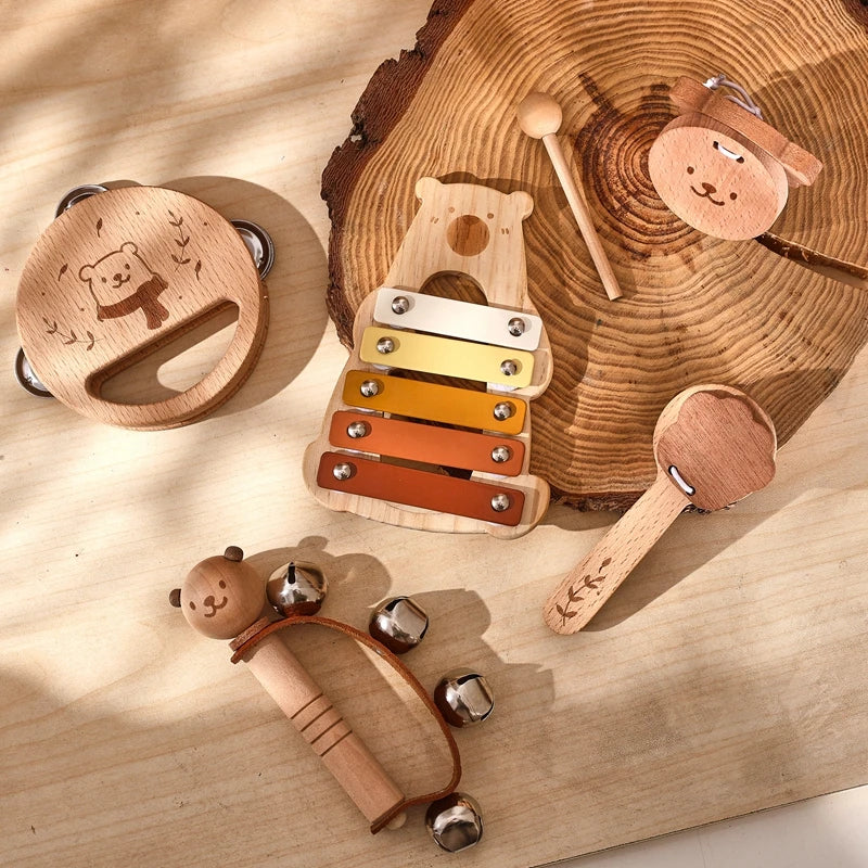5-Piece Montessori Baby Music Set – Wooden Bear Xylophone Educational Instrument Toys