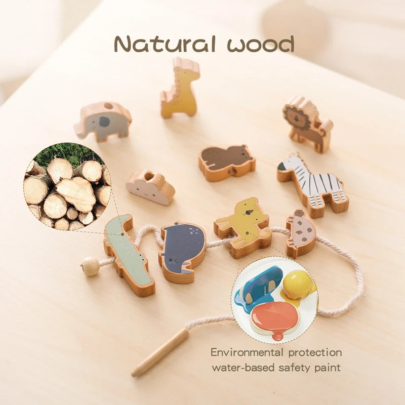 Baby Animal Threading Toy – Wooden Stacking Beads & Stringing Blocks Game Gift