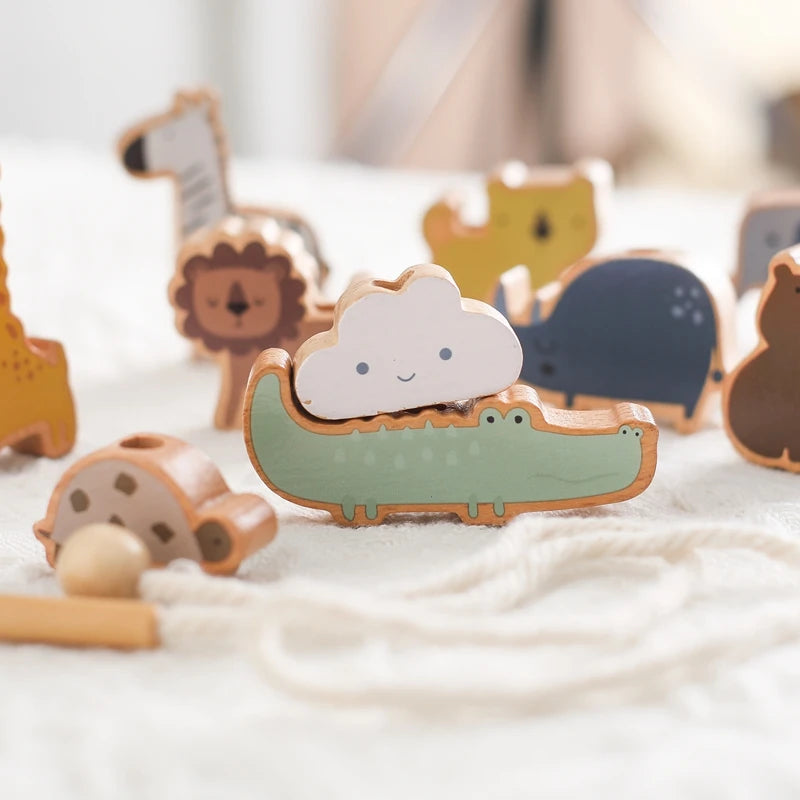 Baby Animal Threading Toy – Wooden Stacking Beads & Stringing Blocks Game Gift