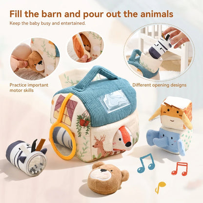 Plush Animal Montessori Simulation Farm House Set Baby Toys Sensory Fine Motor Development Educational Play For Kid House