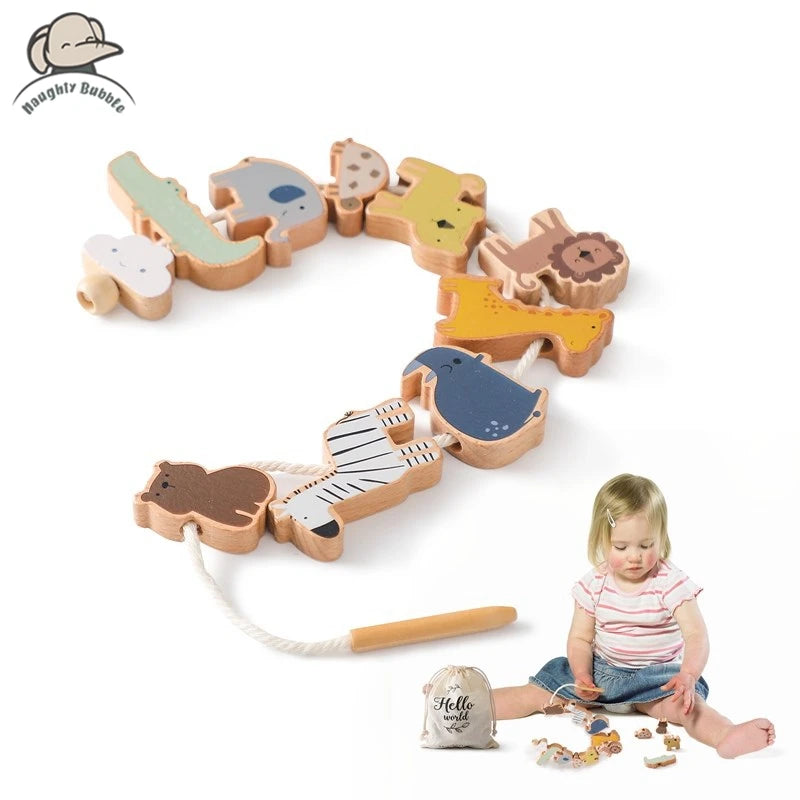 Baby Animal Threading Toy – Wooden Stacking Beads & Stringing Blocks Game Gift