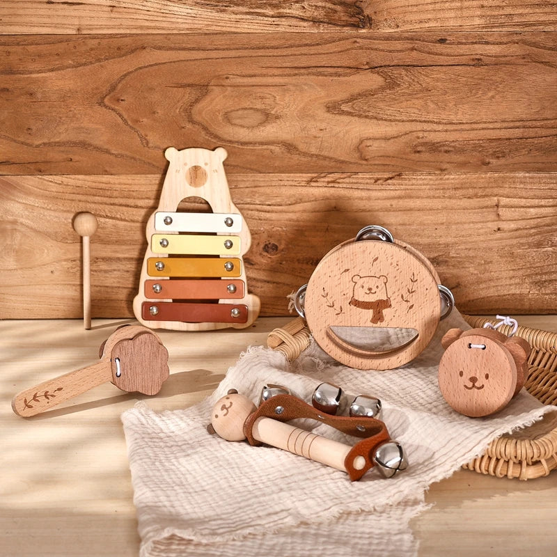5-Piece Montessori Baby Music Set – Wooden Bear Xylophone Educational Instrument Toys