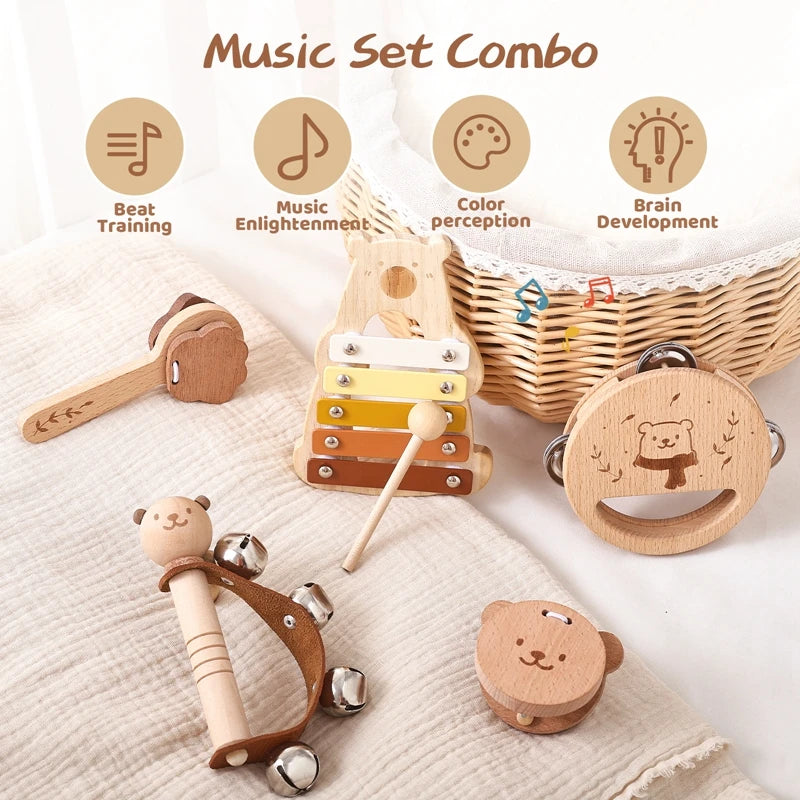 5-Piece Montessori Baby Music Set – Wooden Bear Xylophone Educational Instrument Toys