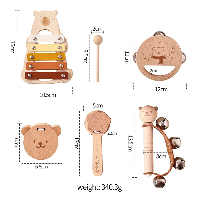5-Piece Montessori Baby Music Set – Wooden Bear Xylophone Educational Instrument Toys